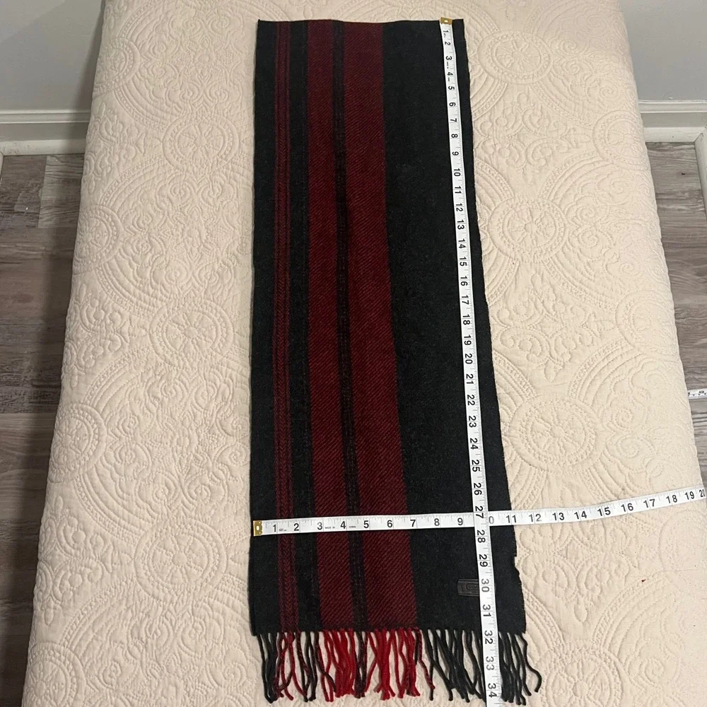 Coach Scarf 100% Wool Knit Red Black Striped Preppy‎ Fringe Logo Patch *FLAW